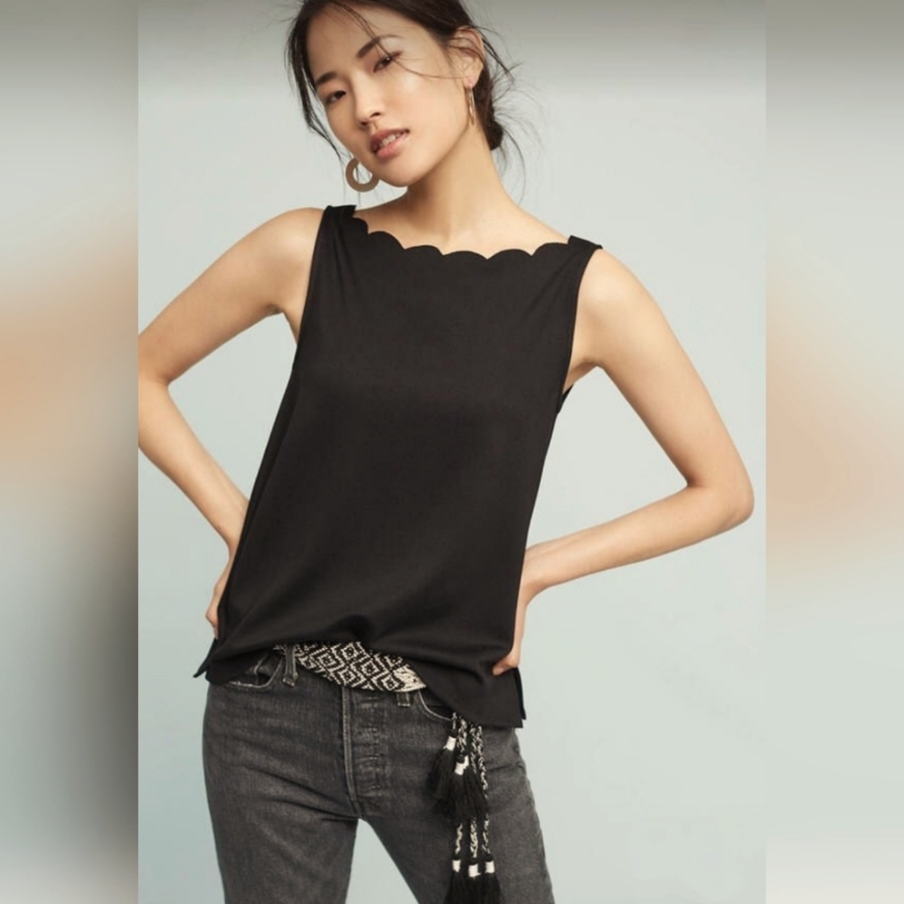 For Anthropologie Black Scalloped Neck Tank Top
